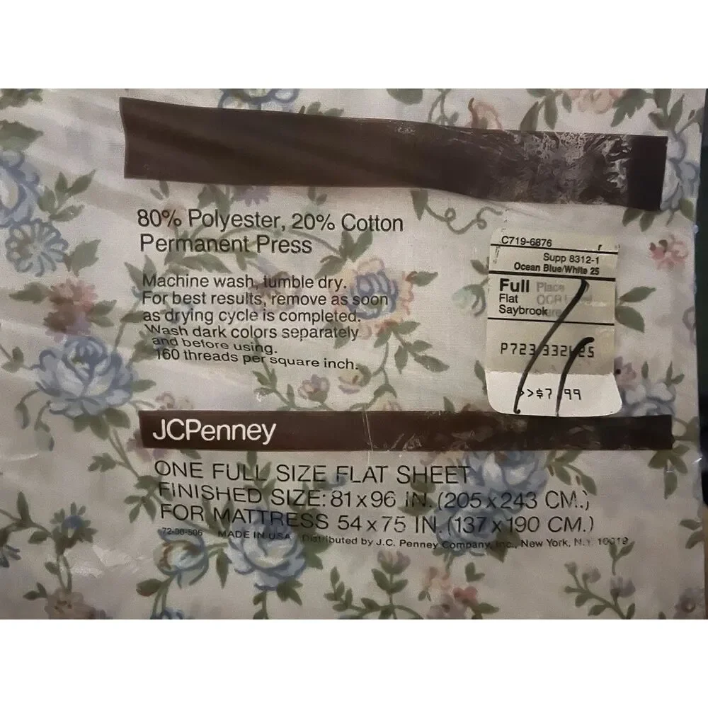 Vintage JCPenney Saybrook Full Flat Sheet 1980s Floral Print Made in USA New